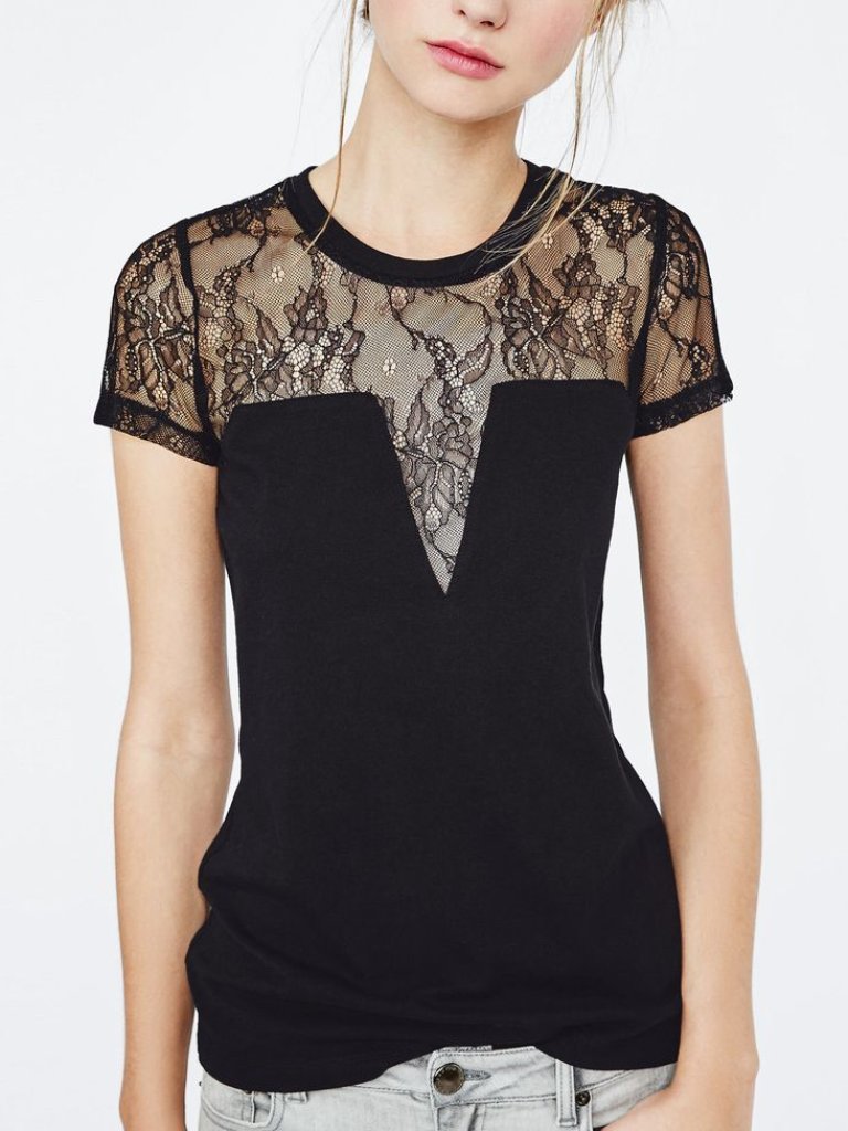 Nwot Maje Paris Black Lace Inset Sheer Tee Shirt Top Short Sleeve Size 2 (M)